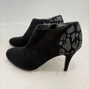 Kathy Van Zeeland Rhinestone Heel Ankle Booties Black Faux Suede Pointed Toe 7